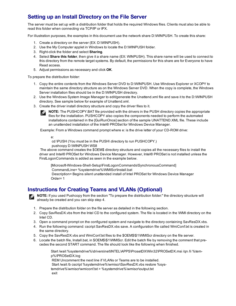 Instructions for creating, Teams and vlans (optional), Section of this document | Setting up an install directory on the file server | Dell Intel PRO Family of Adapters User Manual | Page 15 / 153