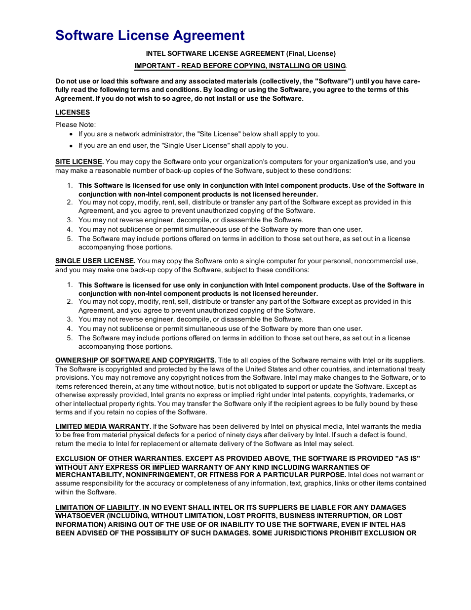 Software license agreement | Dell Intel PRO Family of Adapters User Manual | Page 152 / 153