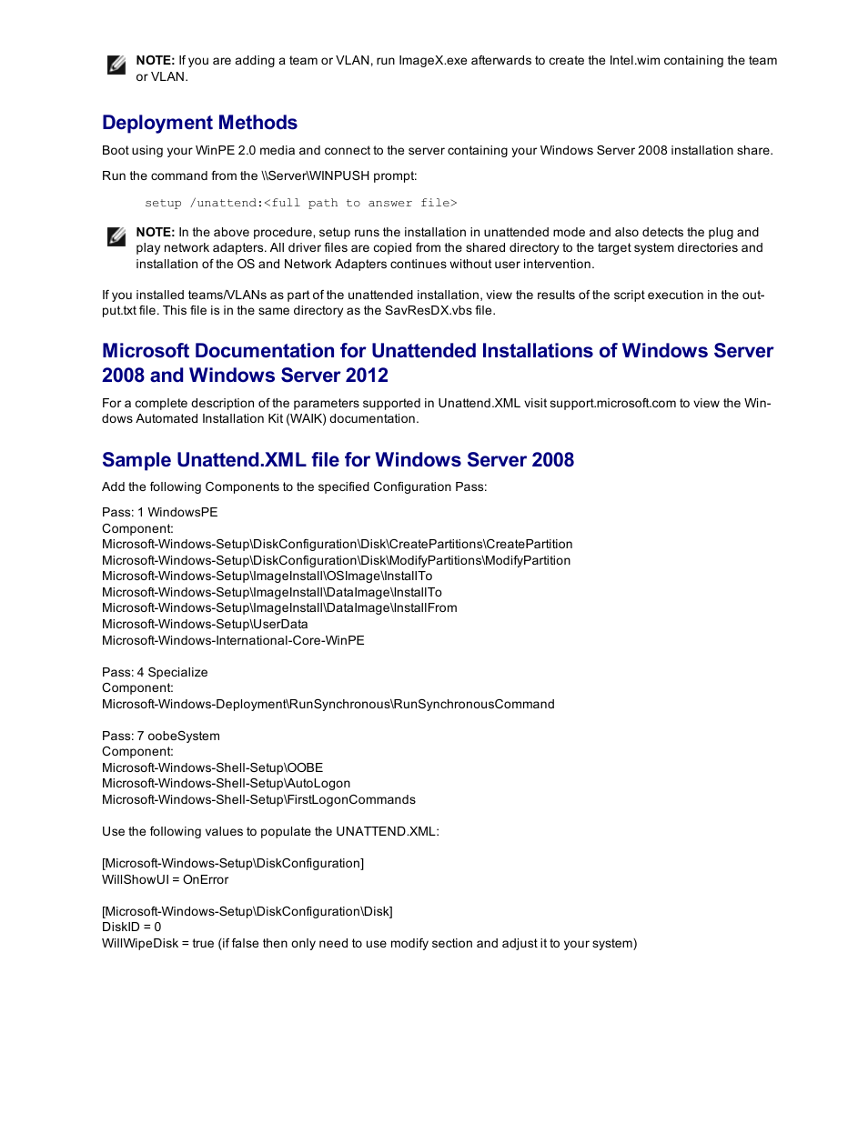 Deployment methods, Sample unattend.xml file for windows server 2008 | Dell Intel PRO Family of Adapters User Manual | Page 16 / 153