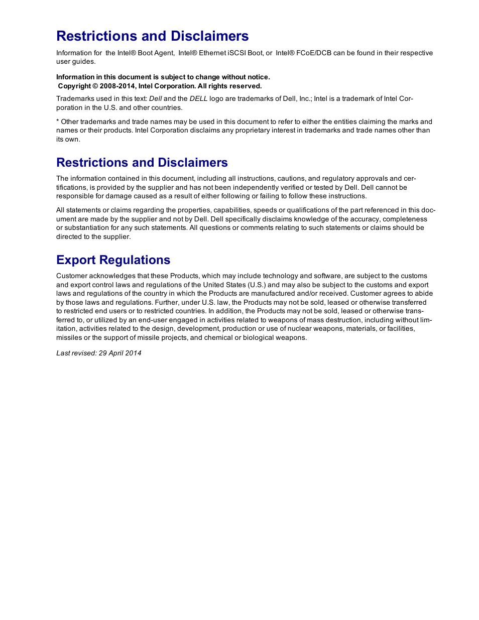 Restrictions and disclaimers, Export regulations | Dell Intel PRO Family of Adapters User Manual | Page 2 / 153