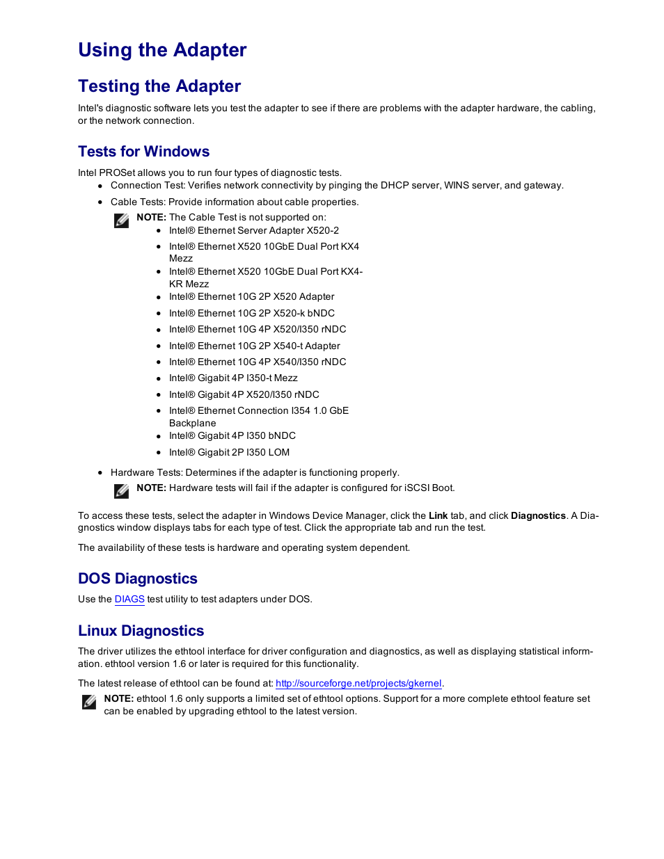 Using the adapter, Testing the adapter, Tests for windows | Dos diagnostics, Linux diagnostics | Dell Intel PRO Family of Adapters User Manual | Page 21 / 153