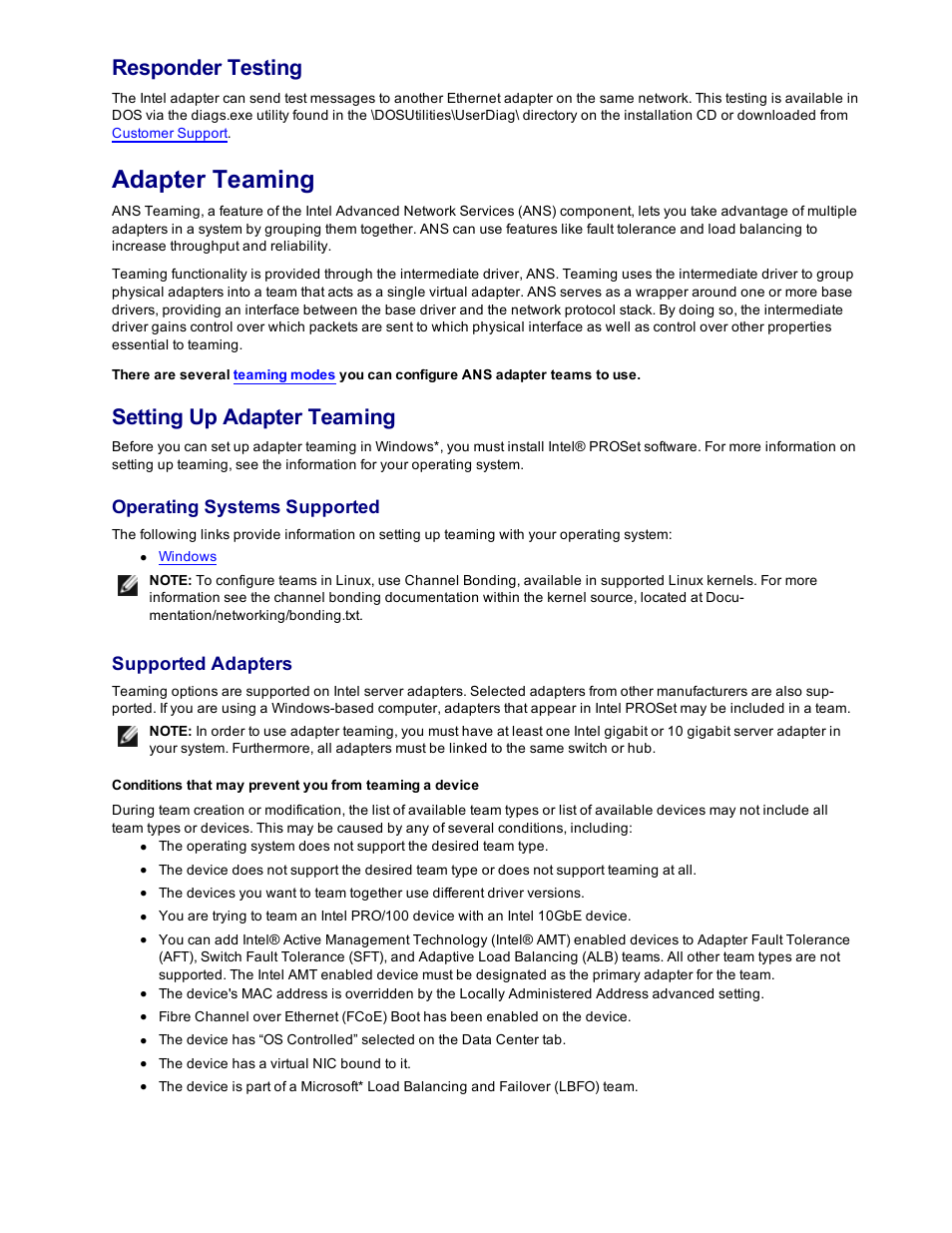 Adapter teaming, Responder testing, Setting up adapter teaming | Operating systems supported, Supported adapters | Dell Intel PRO Family of Adapters User Manual | Page 22 / 153