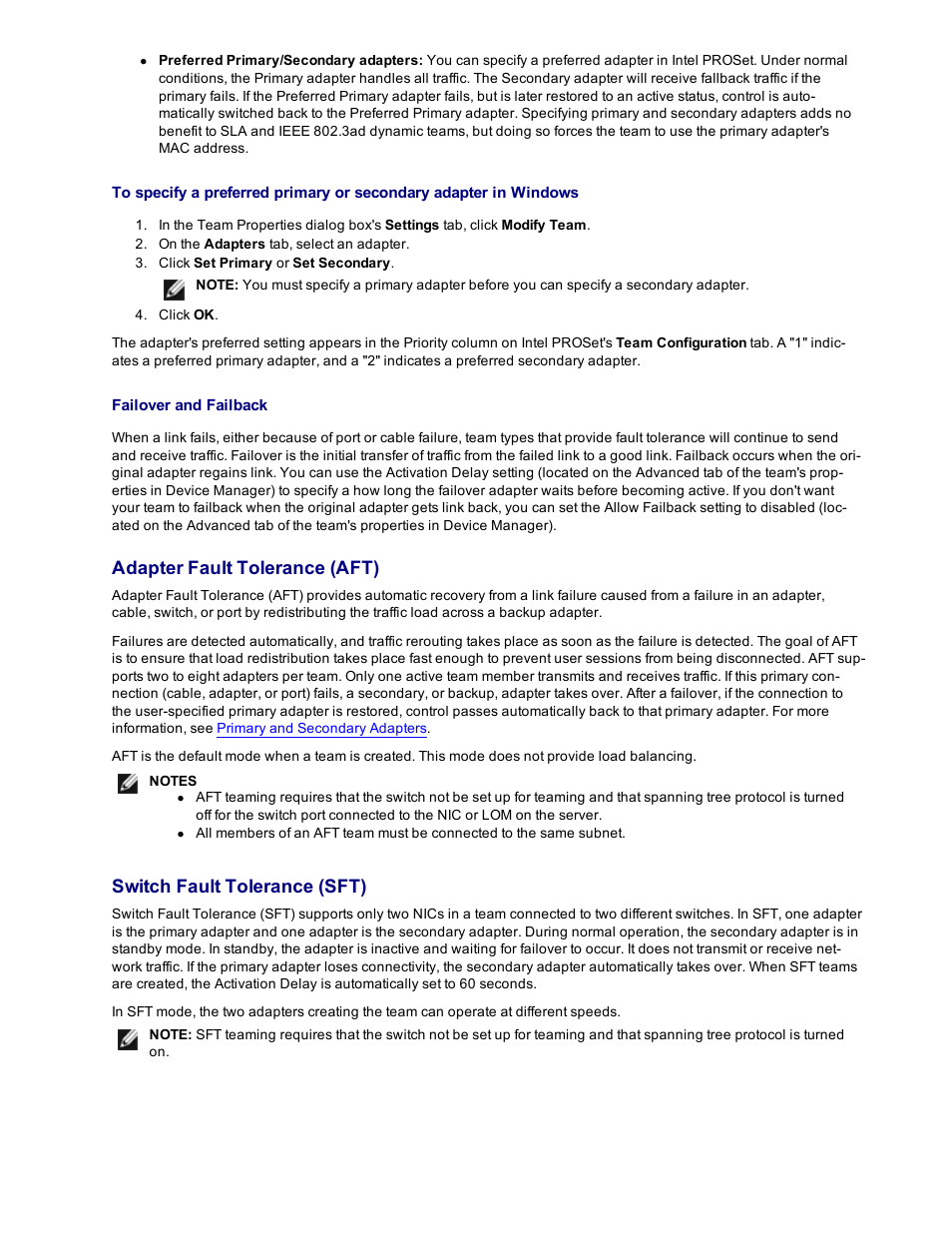 Adapter fault tolerance (aft), Switch fault tolerance (sft) | Dell Intel PRO Family of Adapters User Manual | Page 26 / 153