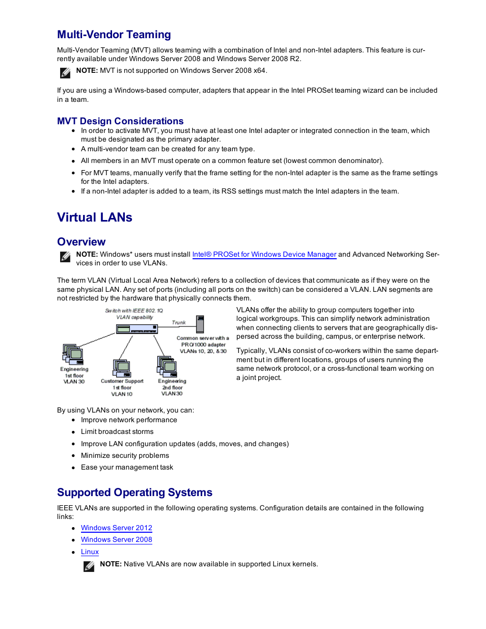 Virtual lans, Multi-vendor teaming, Overview | Supported operating systems, Mvt design considerations | Dell Intel PRO Family of Adapters User Manual | Page 29 / 153