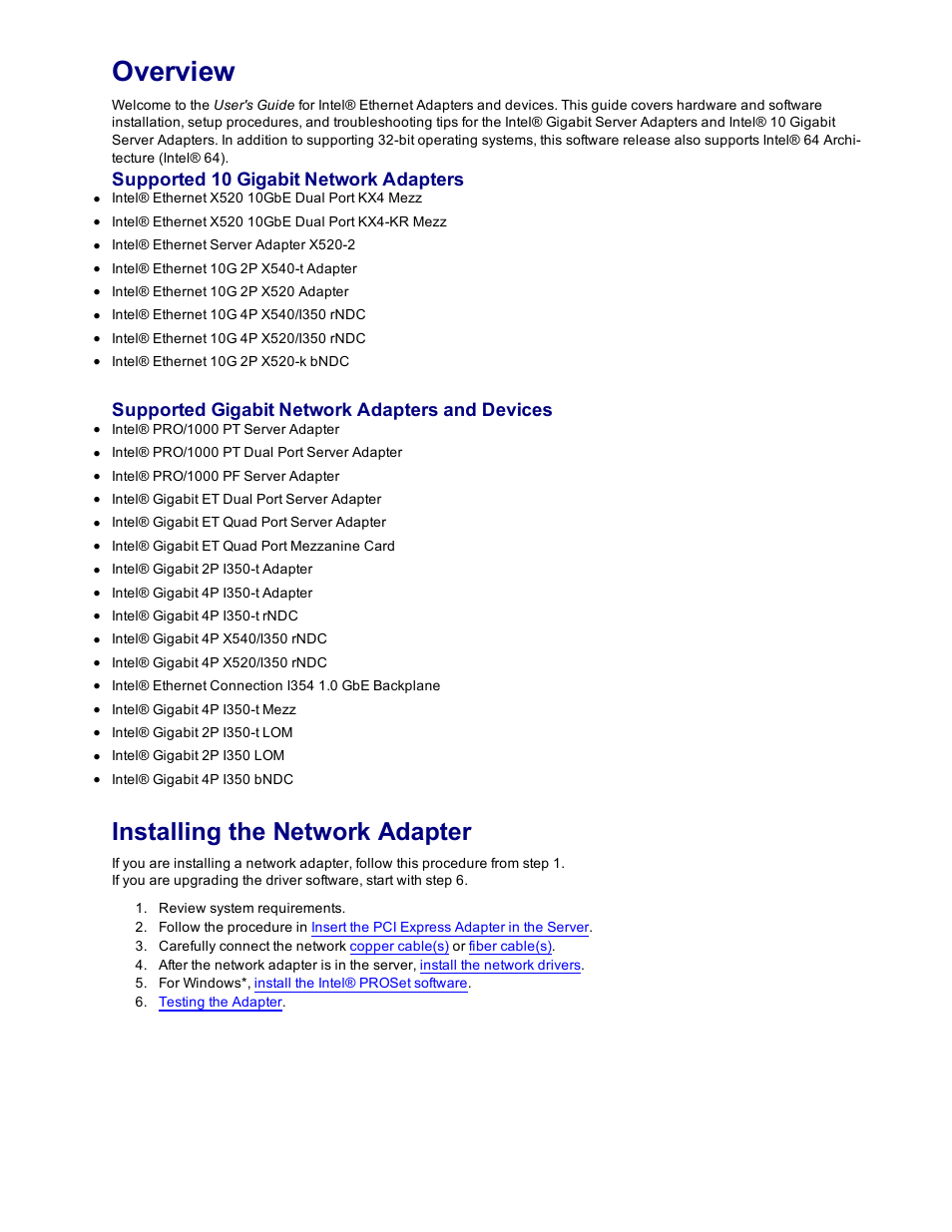 Overview, Installing the network adapter, Supported 10 gigabit network adapters | Supported gigabit network adapters and devices | Dell Intel PRO Family of Adapters User Manual | Page 3 / 153