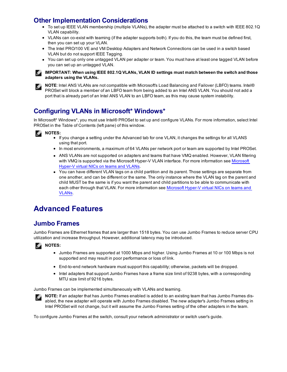Advanced features, Other implementation considerations, Configuring vlans in microsoft* windows | Jumbo frames | Dell Intel PRO Family of Adapters User Manual | Page 30 / 153