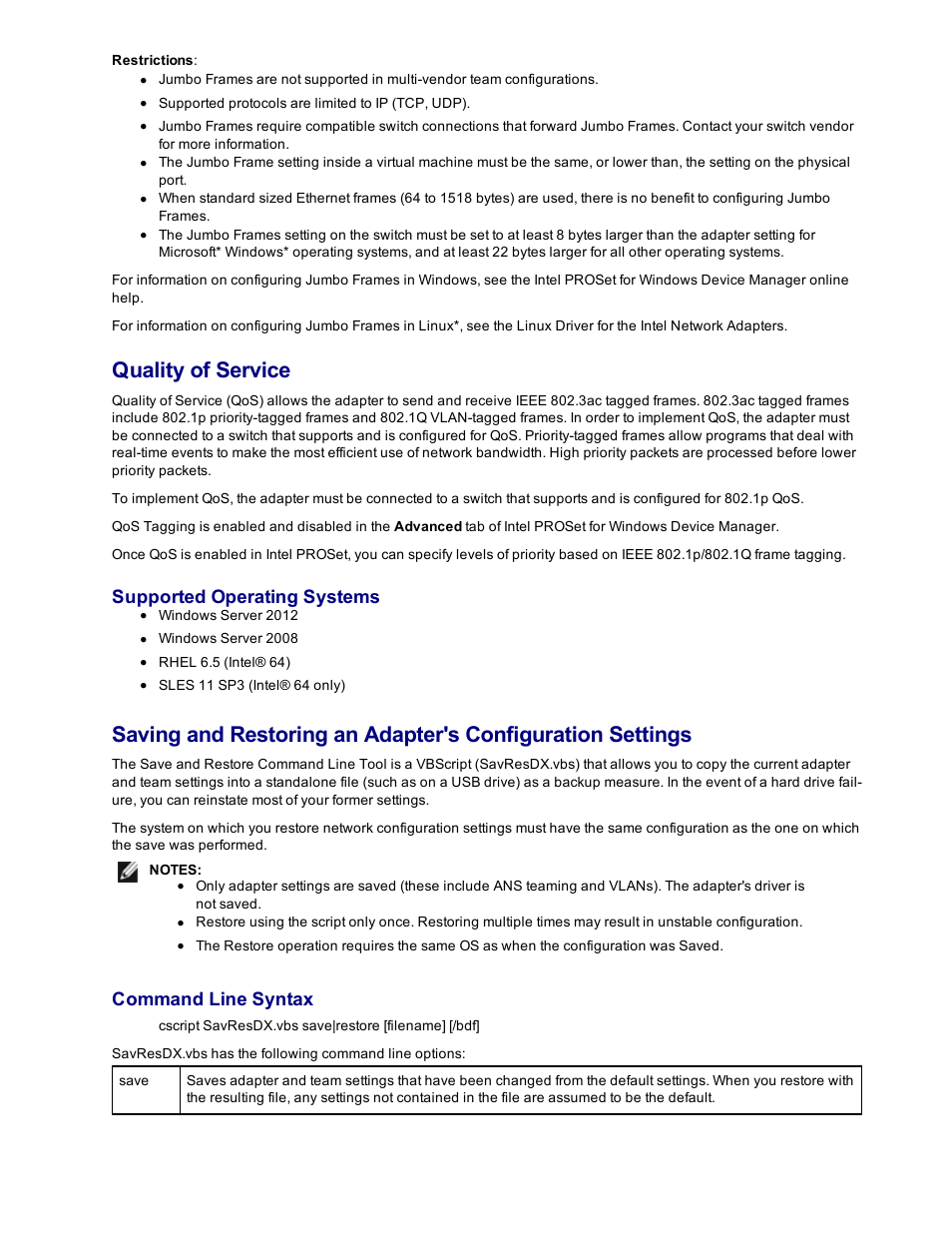 Quality of service, Supported operating systems, Command line syntax | Dell Intel PRO Family of Adapters User Manual | Page 31 / 153