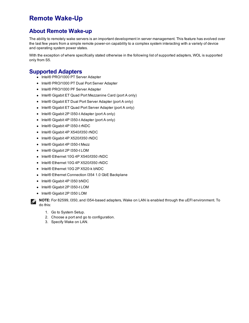 Remote wake-up, About remote wake-up, Supported adapters | Dell Intel PRO Family of Adapters User Manual | Page 33 / 153