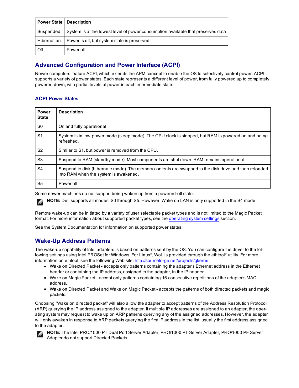 Advanced configuration and power interface (acpi), Wake-up address patterns | Dell Intel PRO Family of Adapters User Manual | Page 35 / 153