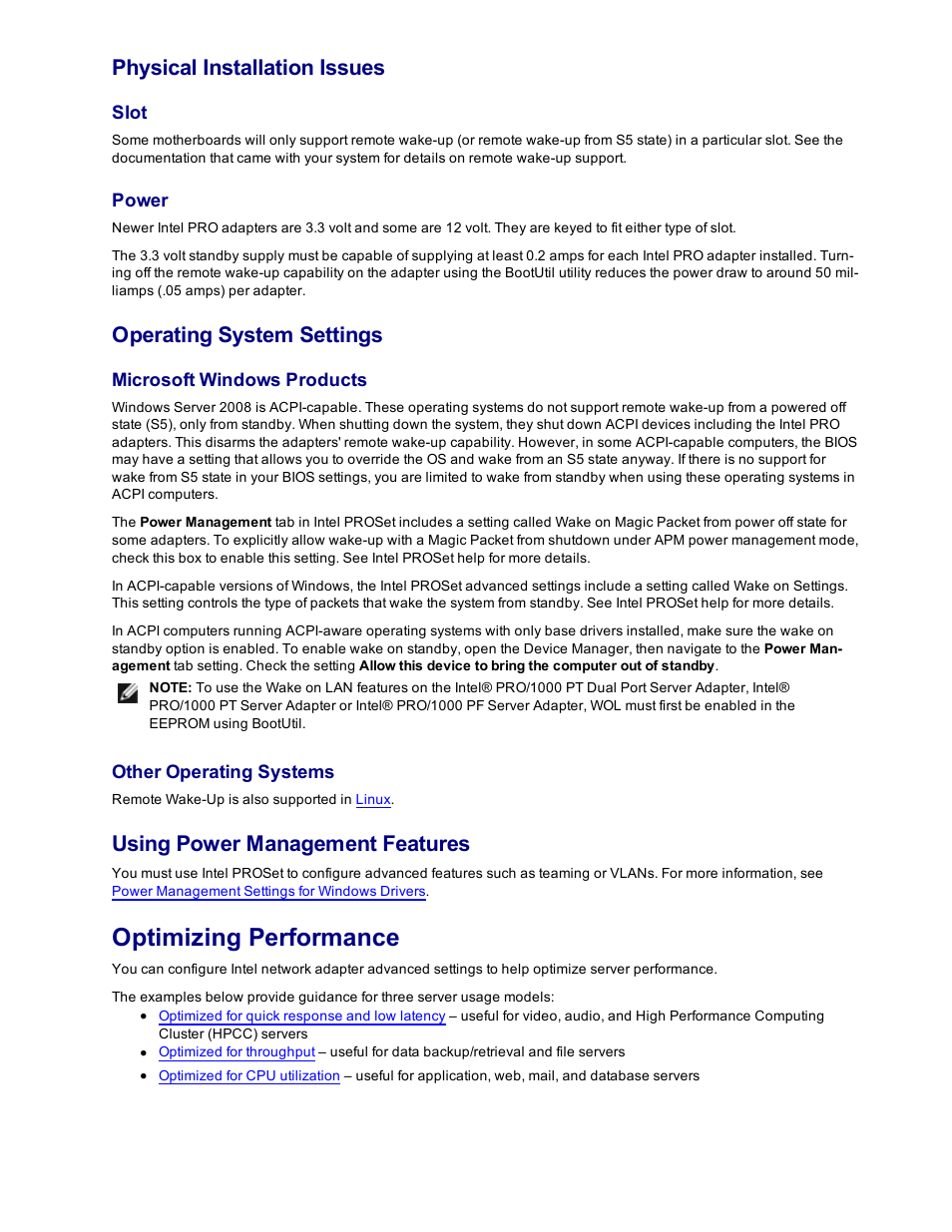 Optimizing performance, Physical installation issues, Operating system settings | Using power management features | Dell Intel PRO Family of Adapters User Manual | Page 36 / 153