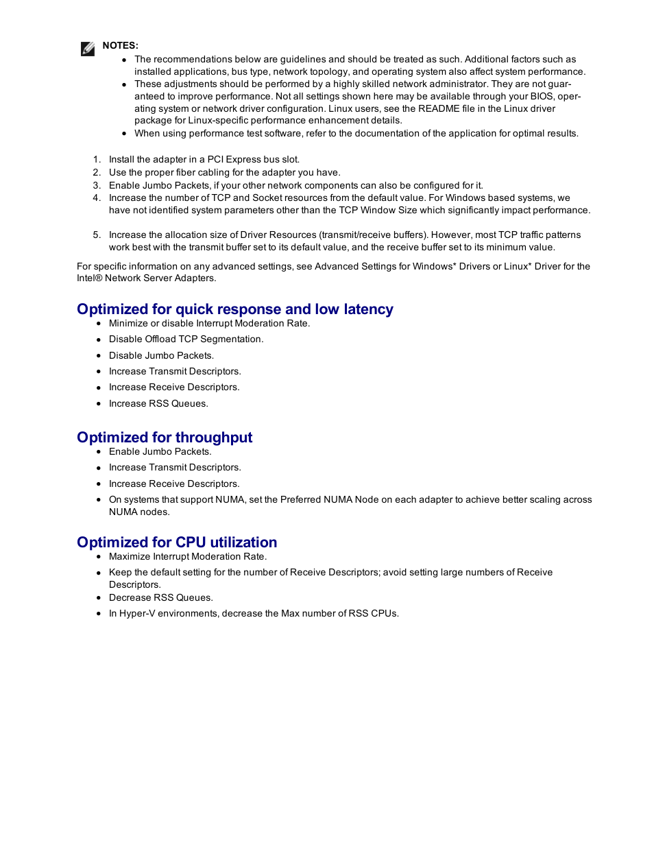 Optimized for quick response and low latency, Optimized for throughput, Optimized for cpu utilization | Dell Intel PRO Family of Adapters User Manual | Page 37 / 153