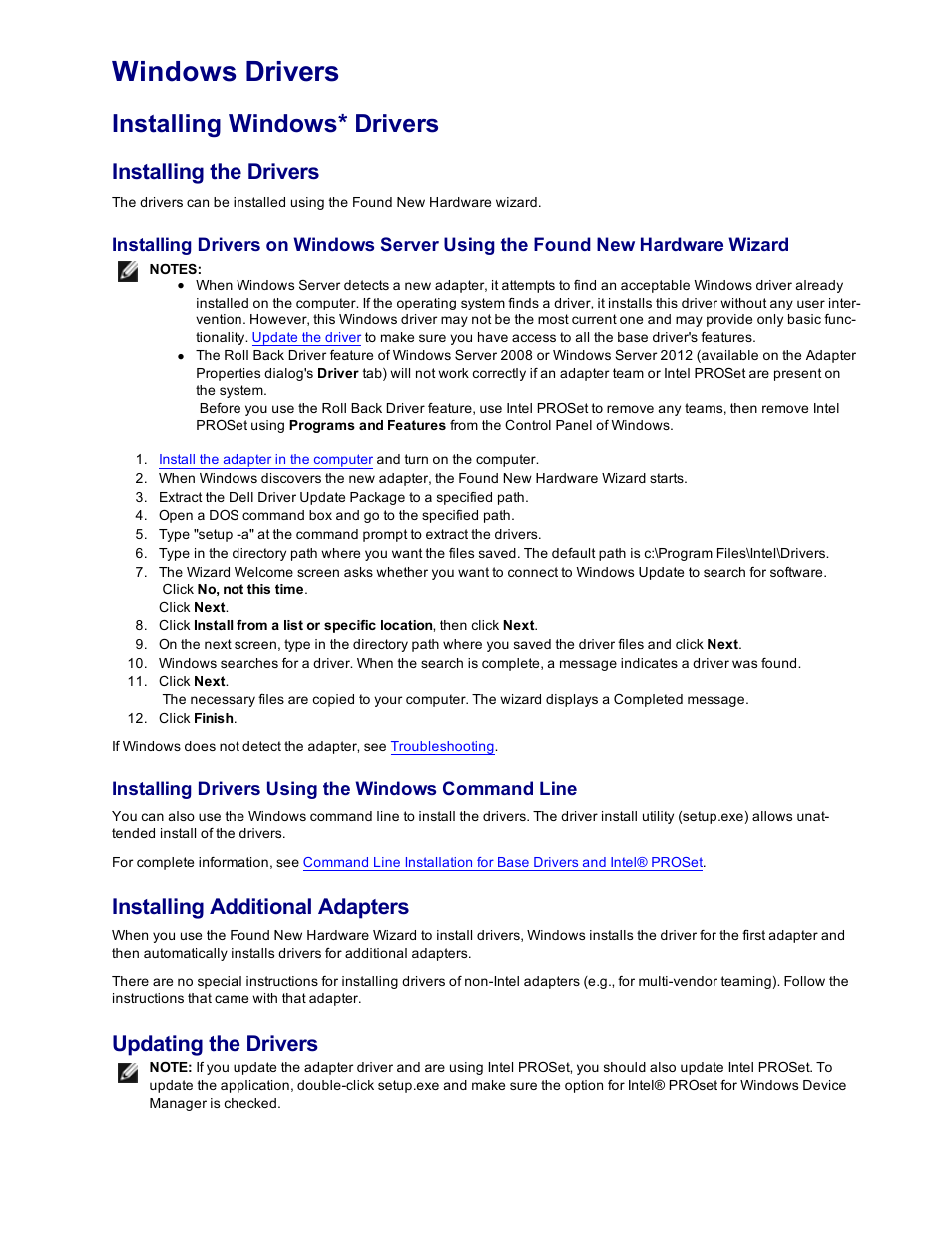 Windows drivers, Installing windows* drivers, Windows server 2012 | Windows server 2008, Installing windows drivers, Updating the drivers, Installing the drivers, Installing additional adapters | Dell Intel PRO Family of Adapters User Manual | Page 38 / 153