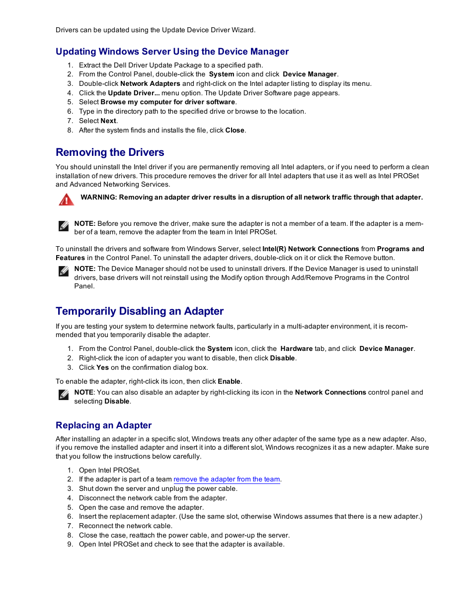 Removing the drivers, Temporarily disabling an adapter | Dell Intel PRO Family of Adapters User Manual | Page 39 / 153