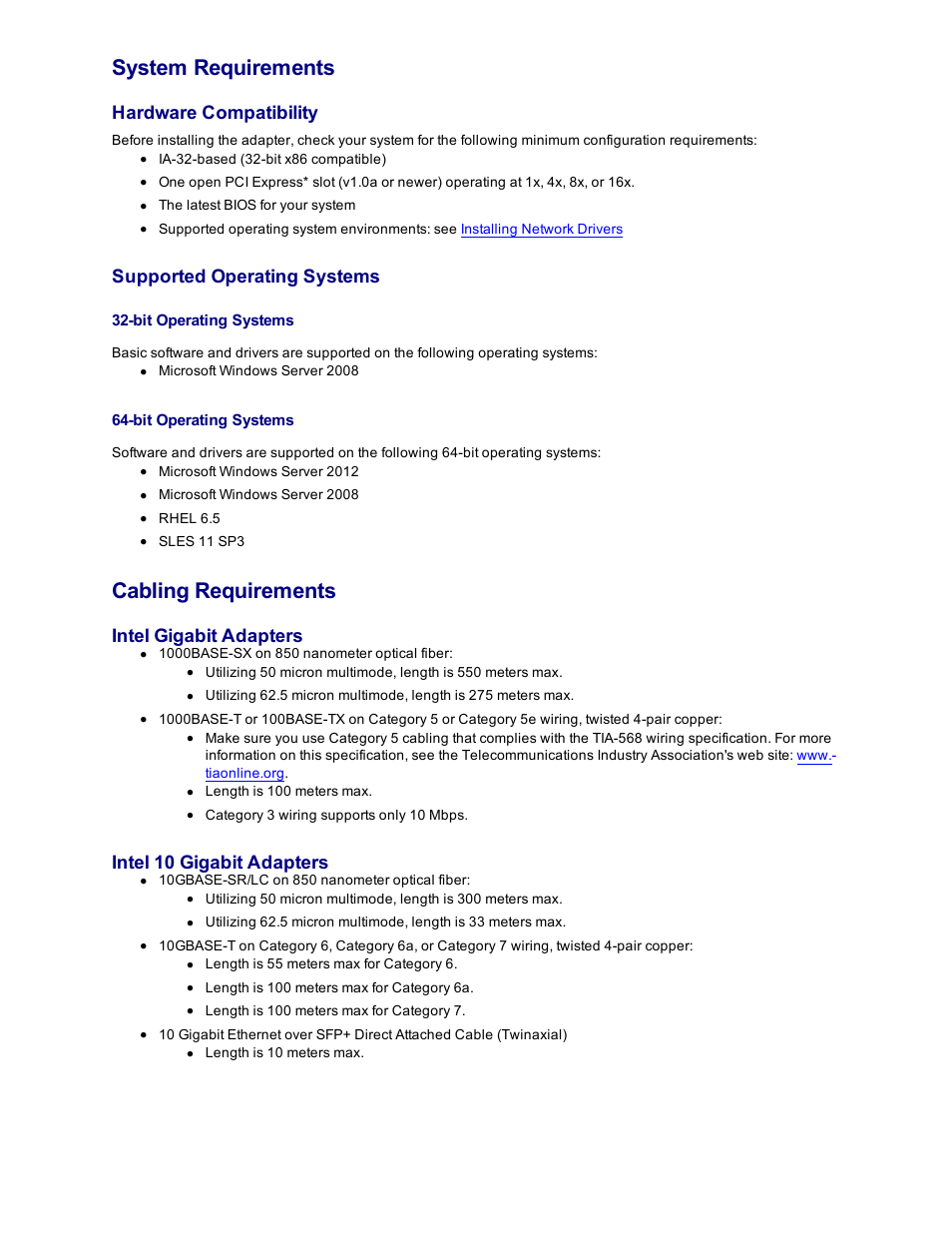 System requirements, Cabling requirements, Hardware compatibility | Supported operating systems, Intel gigabit adapters, Intel 10 gigabit adapters | Dell Intel PRO Family of Adapters User Manual | Page 4 / 153