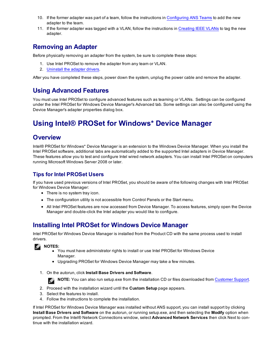 Using intel® proset for windows* device manager, Install the intel® proset software, Using intel | Proset for windows device manager, Intel® proset for windows device manager, Removing an adapter, Using advanced features, Overview, Installing intel proset for windows device manager, Tips for intel proset users | Dell Intel PRO Family of Adapters User Manual | Page 40 / 153