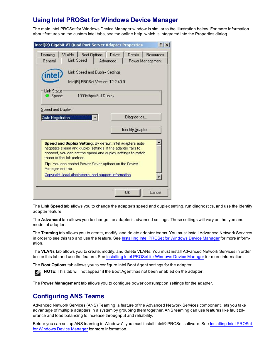 Windows, Configuring ans teams, Using intel proset for windows device manager | Dell Intel PRO Family of Adapters User Manual | Page 41 / 153