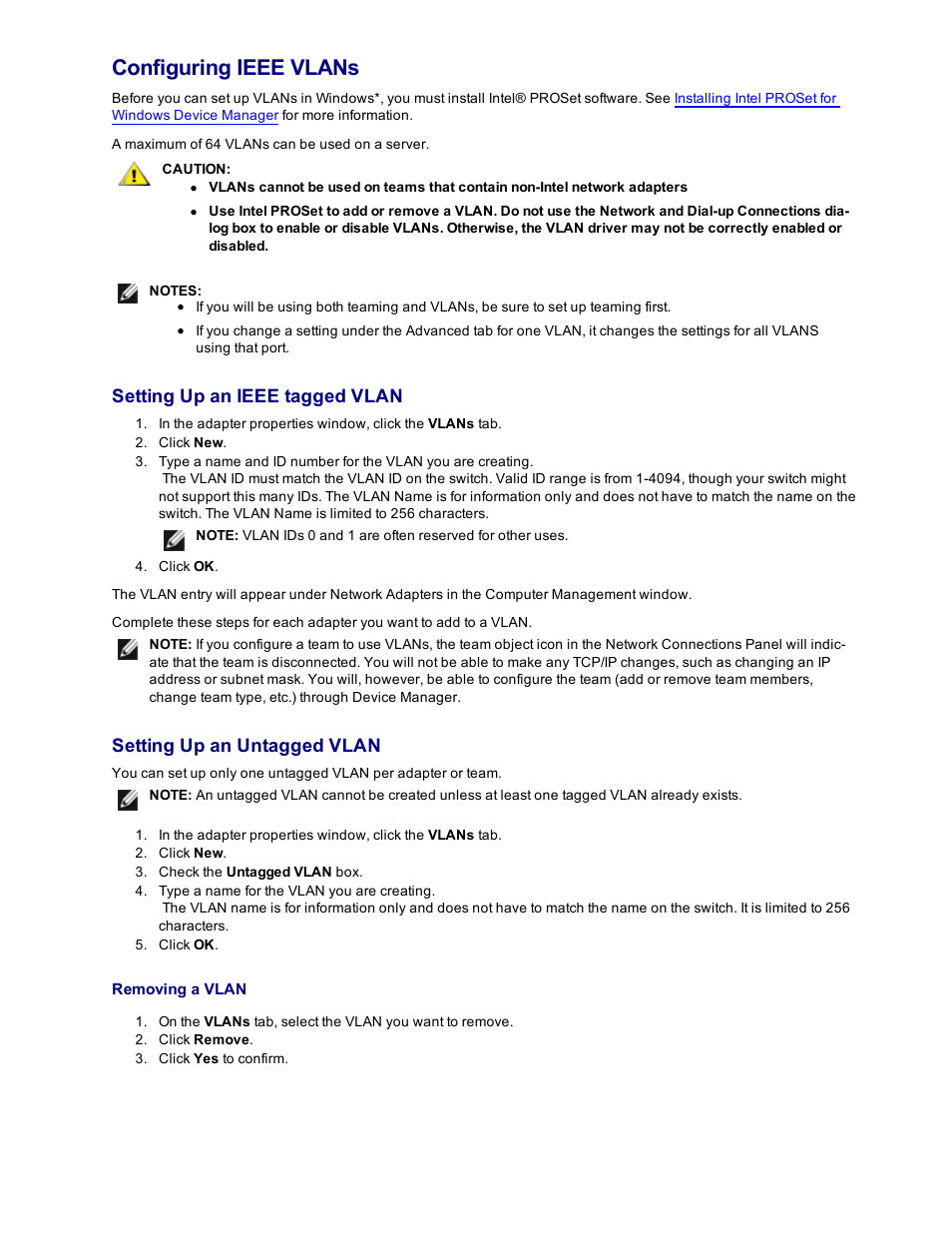 Windows server 2012, Windows server 2008, Creating ieee vlans | Configuring ieee vlans, Setting up an ieee tagged vlan, Setting up an untagged vlan | Dell Intel PRO Family of Adapters User Manual | Page 43 / 153