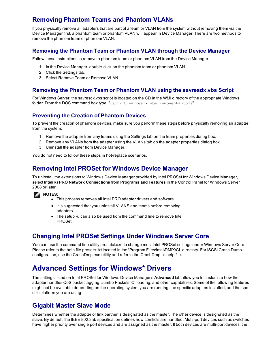 Advanced settings for windows* drivers, Removing phantom teams and phantom vlans, Removing intel proset for windows device manager | Gigabit master slave mode | Dell Intel PRO Family of Adapters User Manual | Page 44 / 153