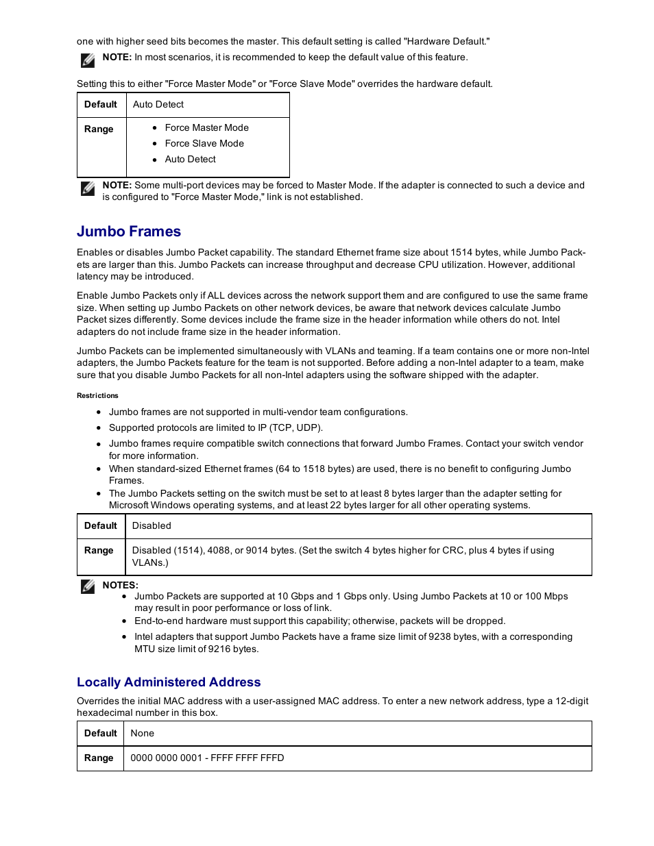 Jumbo frames, Locally administered address | Dell Intel PRO Family of Adapters User Manual | Page 45 / 153
