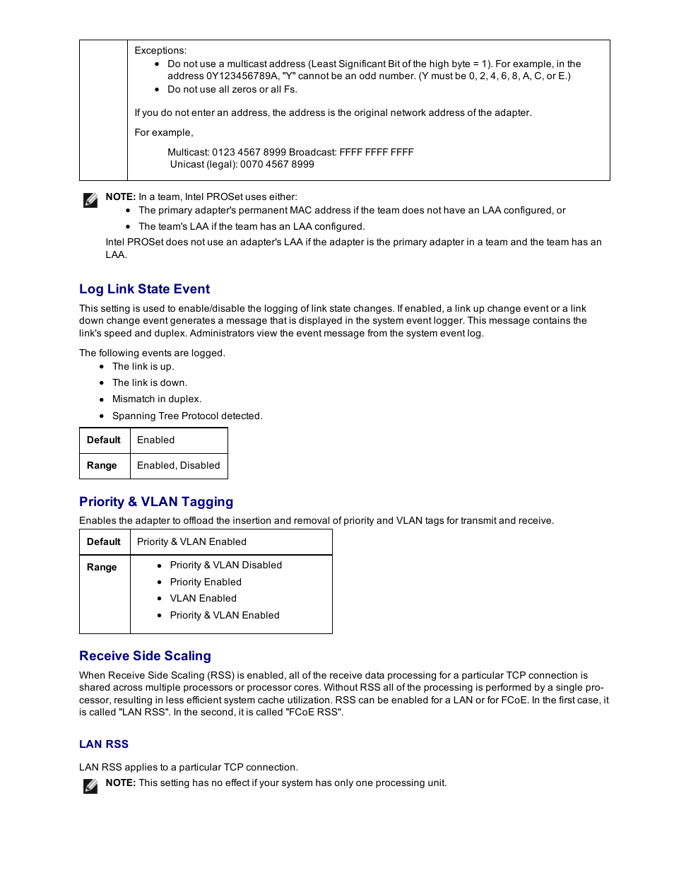 Log link state event, Priority & vlan tagging, Receive side scaling | Dell Intel PRO Family of Adapters User Manual | Page 46 / 153