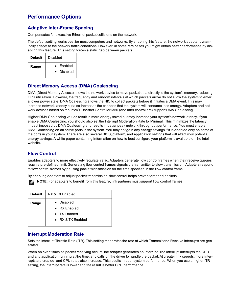 Performance options, Adaptive inter-frame spacing, Flow control | Interrupt moderation rate | Dell Intel PRO Family of Adapters User Manual | Page 51 / 153