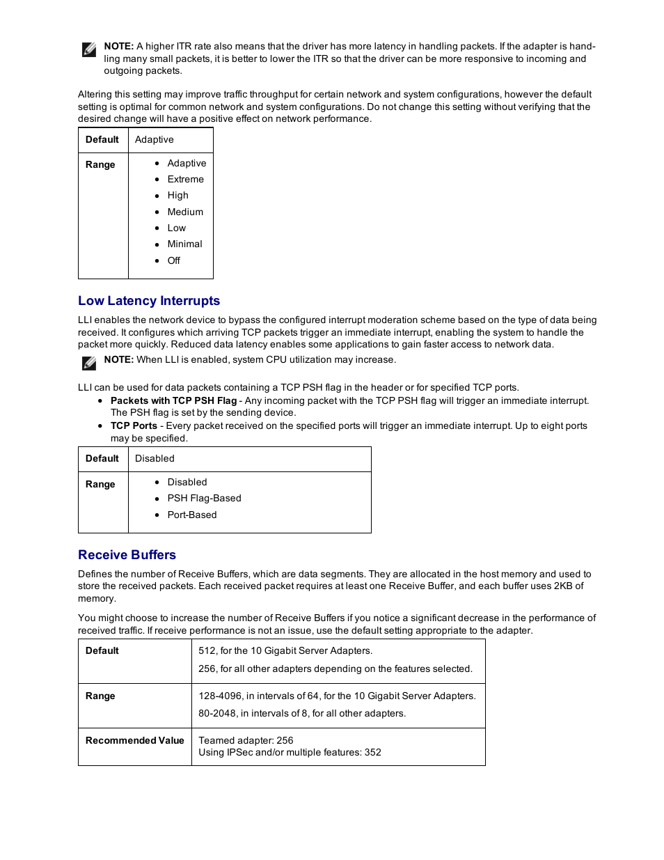 Low latency interrupts, Receive buffers | Dell Intel PRO Family of Adapters User Manual | Page 52 / 153