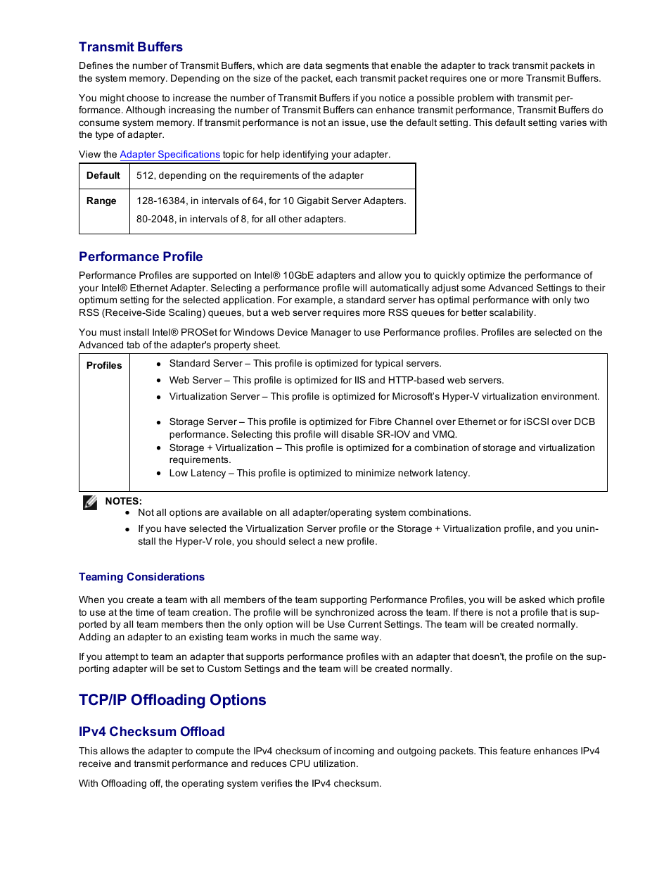 Tcp/ip offloading options, Transmit buffers, Performance profile | Ipv4 checksum offload | Dell Intel PRO Family of Adapters User Manual | Page 53 / 153