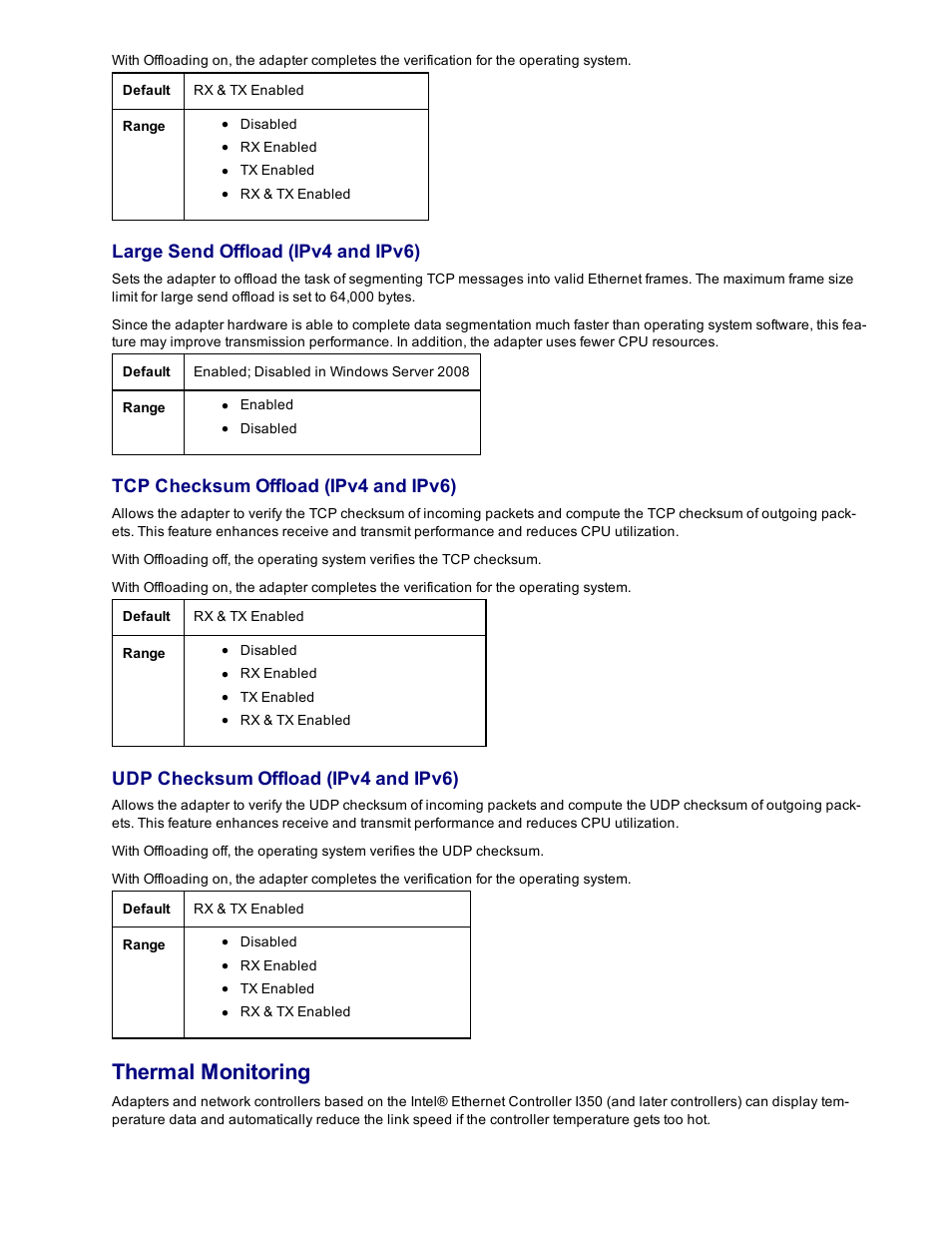Thermal monitoring, Large send offload (ipv4 and ipv6), Tcp checksum offload (ipv4 and ipv6) | Udp checksum offload (ipv4 and ipv6) | Dell Intel PRO Family of Adapters User Manual | Page 54 / 153