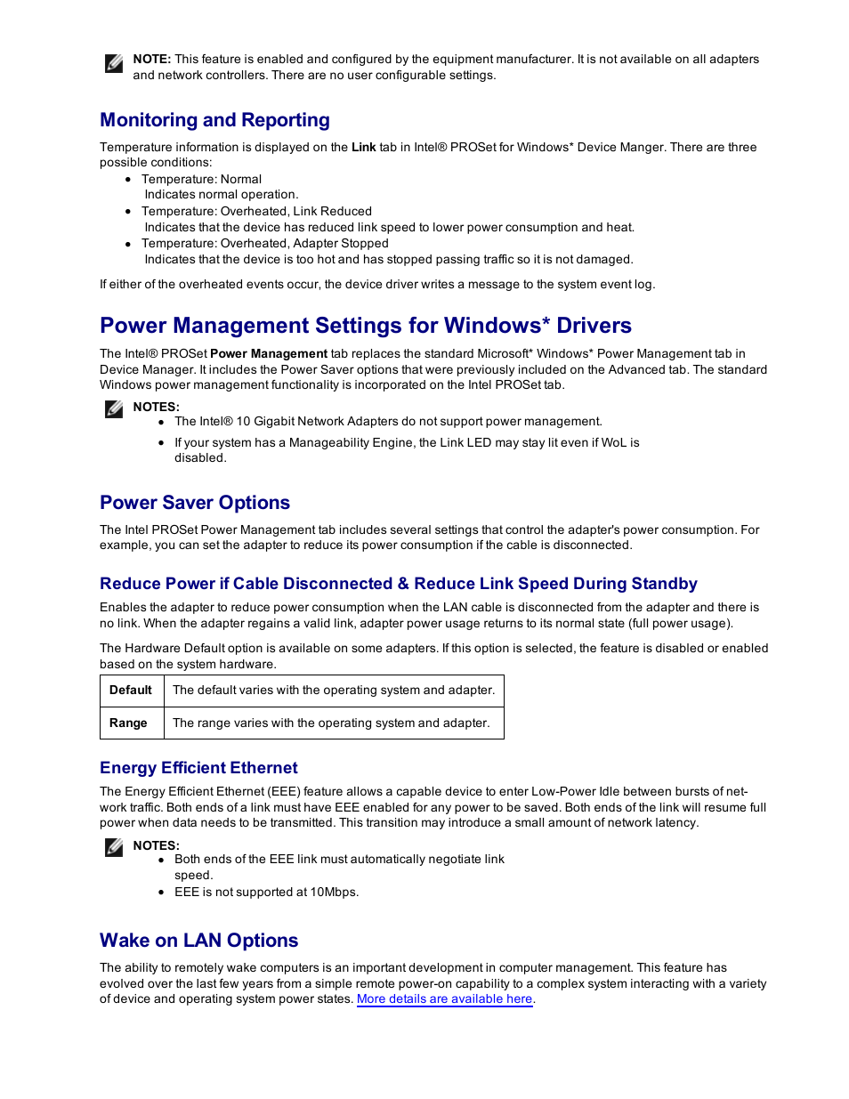 Power management settings for windows* drivers, Power management settings for windows drivers, Monitoring and reporting | Power saver options, Wake on lan options, Energy efficient ethernet | Dell Intel PRO Family of Adapters User Manual | Page 55 / 153