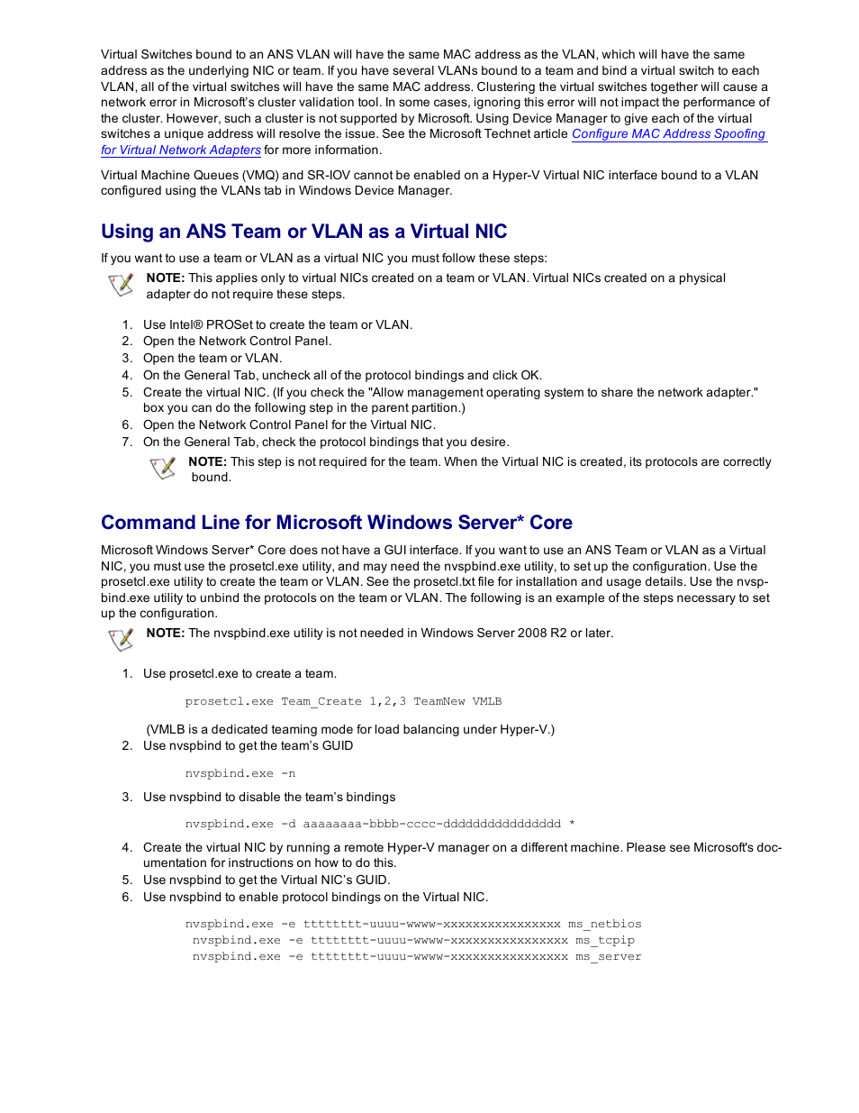 Using an ans team or vlan as a virtual nic, Command line for microsoft windows server* core | Dell Intel PRO Family of Adapters User Manual | Page 58 / 153