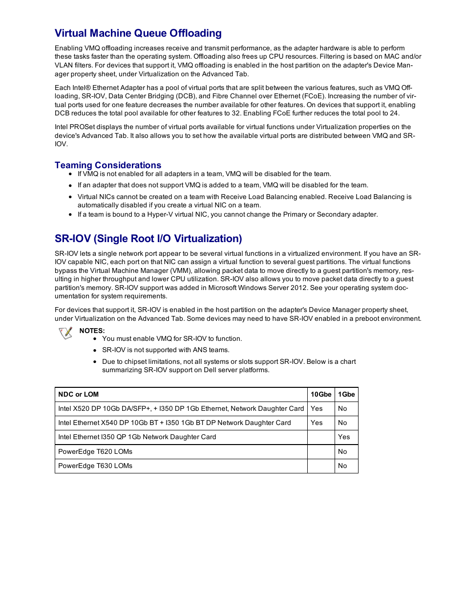 Virtual machine queue offloading, Sr-iov (single root i/o virtualization), Teaming considerations | Dell Intel PRO Family of Adapters User Manual | Page 59 / 153