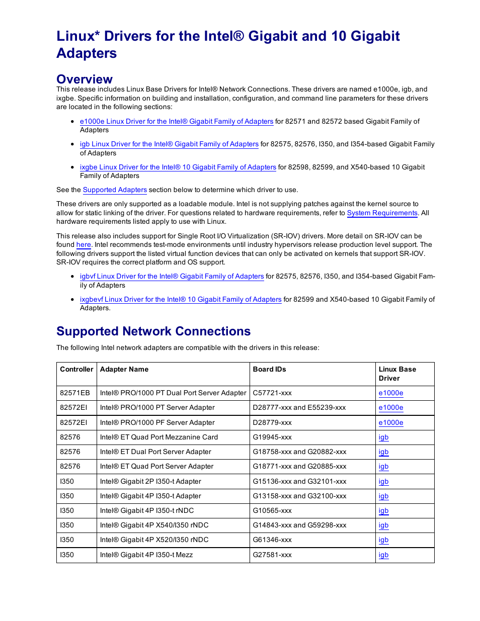 Overview, Supported network connections, Linux | Dell Intel PRO Family of Adapters User Manual | Page 61 / 153