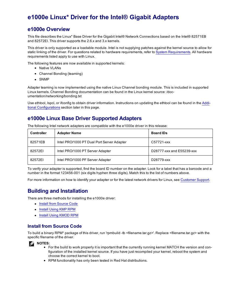 E1000e, E1000e overview, E1000e linux base driver supported adapters | Building and installation, Install from source code | Dell Intel PRO Family of Adapters User Manual | Page 63 / 153