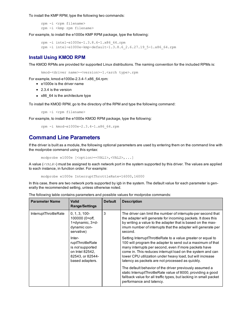 Install using kmod rpm, Command line parameters | Dell Intel PRO Family of Adapters User Manual | Page 65 / 153