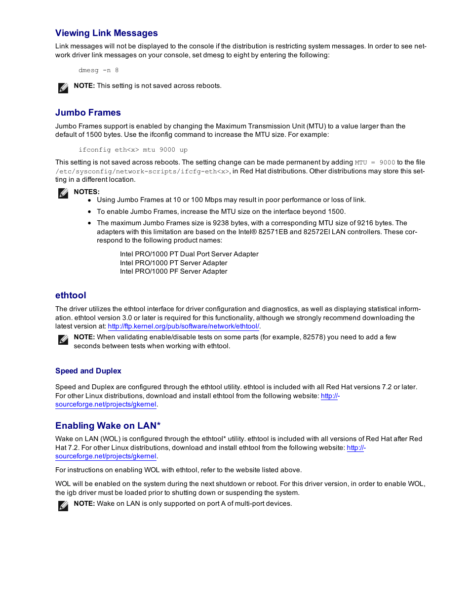 Viewing link messages, Jumbo frames, Ethtool | Enabling wake on lan | Dell Intel PRO Family of Adapters User Manual | Page 69 / 153
