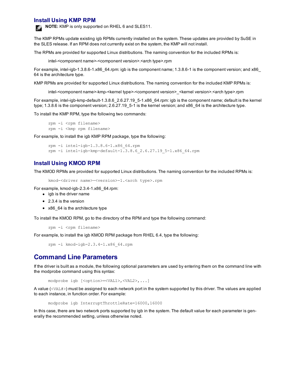 Command line parameters, Install using kmp rpm, Install using kmod rpm | Dell Intel PRO Family of Adapters User Manual | Page 74 / 153
