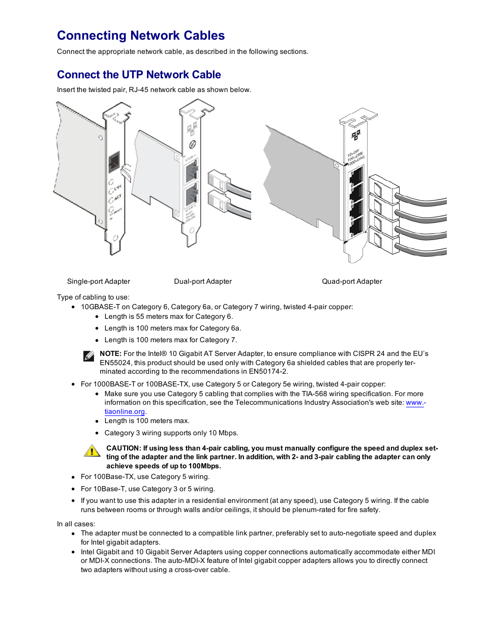 Connecting network cables, Copper cable(s), Connect the utp network cable | Dell Intel PRO Family of Adapters User Manual | Page 8 / 153