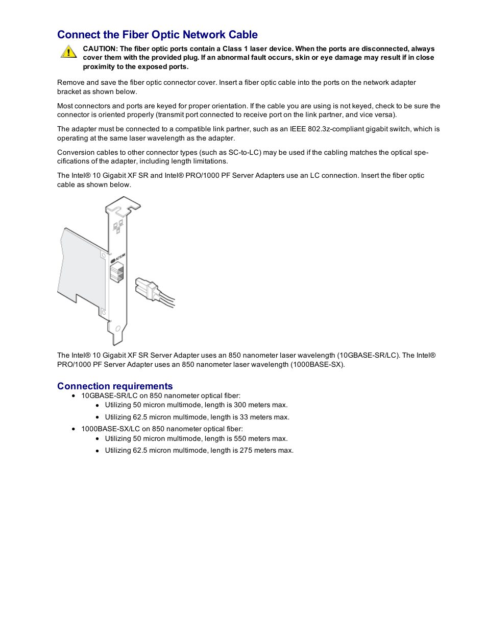 Fiber cable(s), Connect the fiber optic network cable, Connection requirements | Dell Intel PRO Family of Adapters User Manual | Page 9 / 153