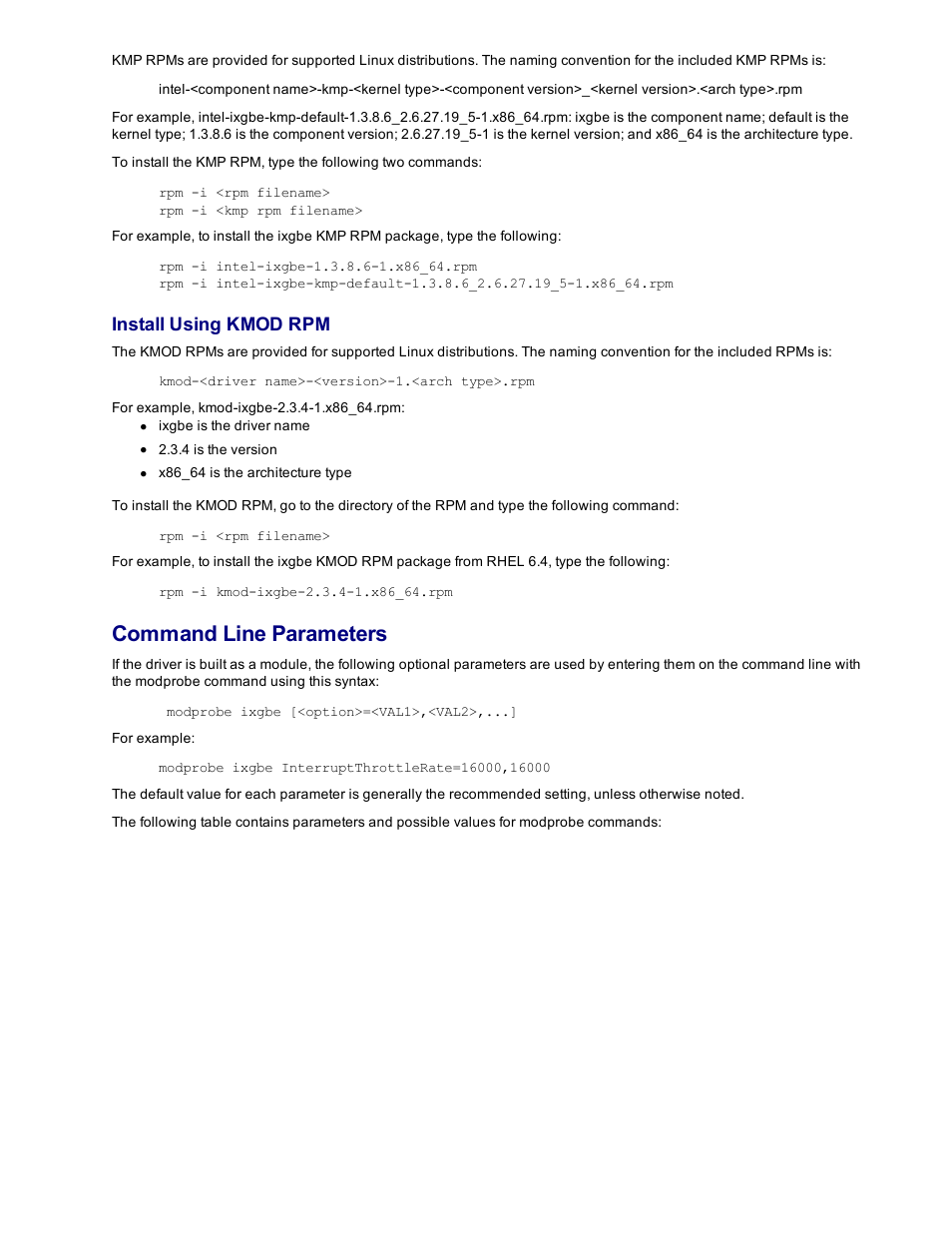 Install using kmod rpm, Command line parameters | Dell Intel PRO Family of Adapters User Manual | Page 91 / 153