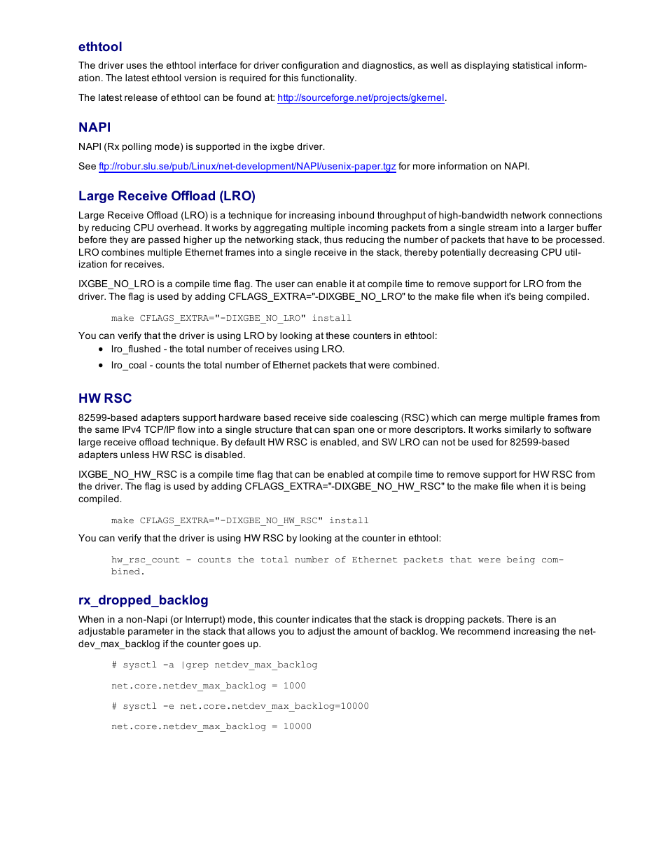 Ethtool, Napi, Large receive offload (lro) | Hw rsc, Rx_dropped_backlog | Dell Intel PRO Family of Adapters User Manual | Page 98 / 153