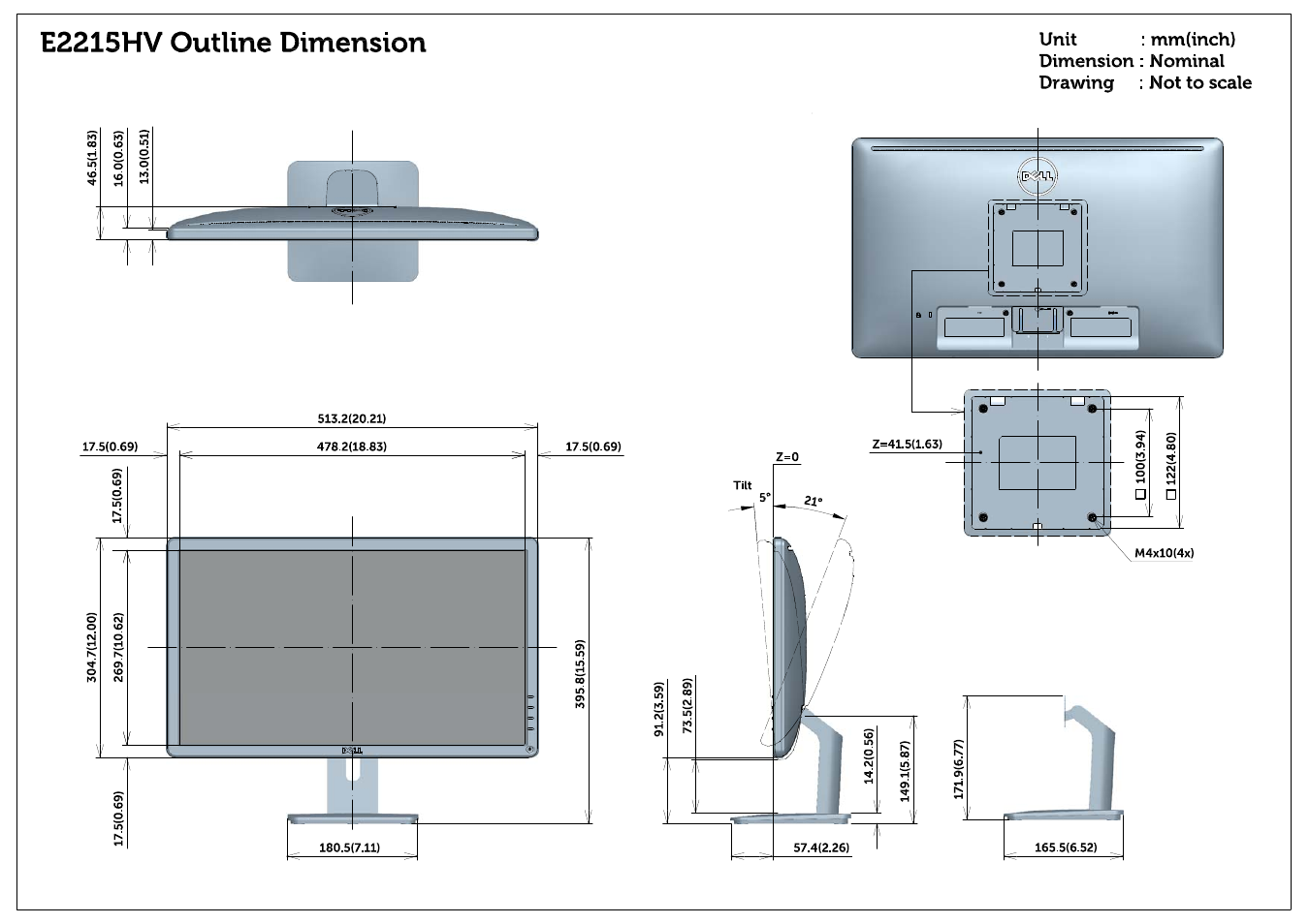 E2215hv outline dimension | Dell E2715H Monitor User Manual | Page 2 / 3