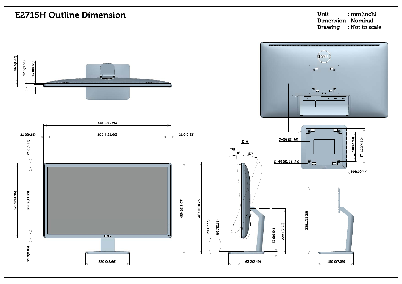 E2715h outline dimension | Dell E2715H Monitor User Manual | Page 3 / 3