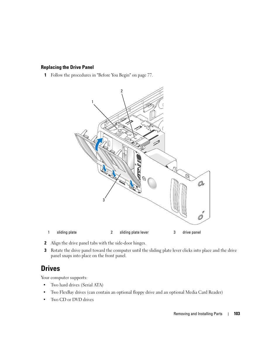 Replacing the drive panel, Drives | Dell XPS 410 (Mid 2007) User Manual | Page 103 / 172