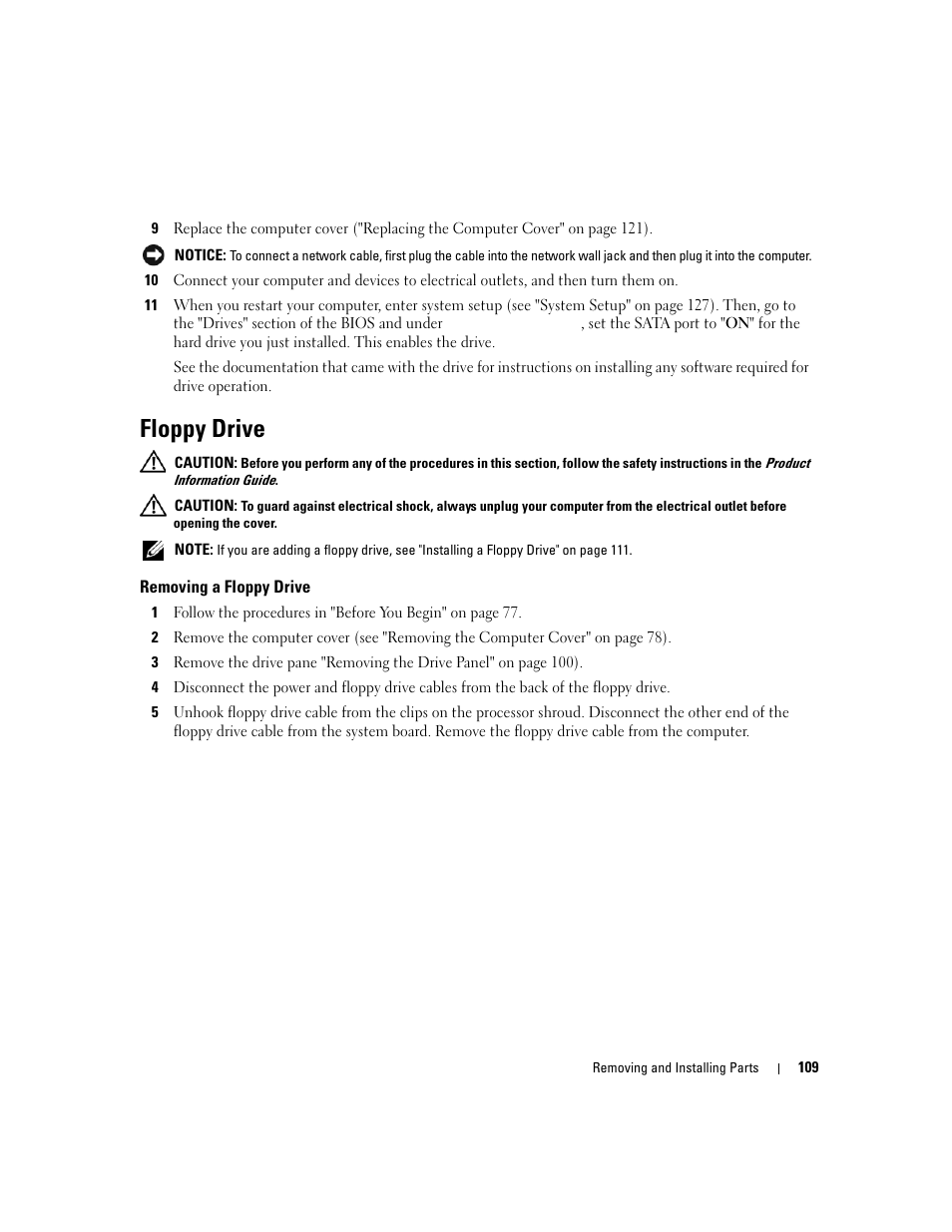 Floppy drive, Removing a floppy drive | Dell XPS 410 (Mid 2007) User Manual | Page 109 / 172