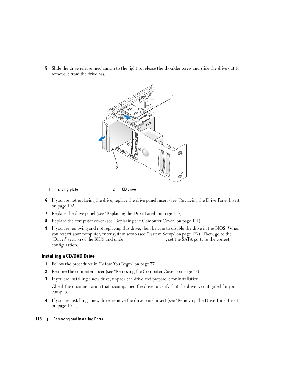 Installing a cd/dvd drive | Dell XPS 410 (Mid 2007) User Manual | Page 118 / 172