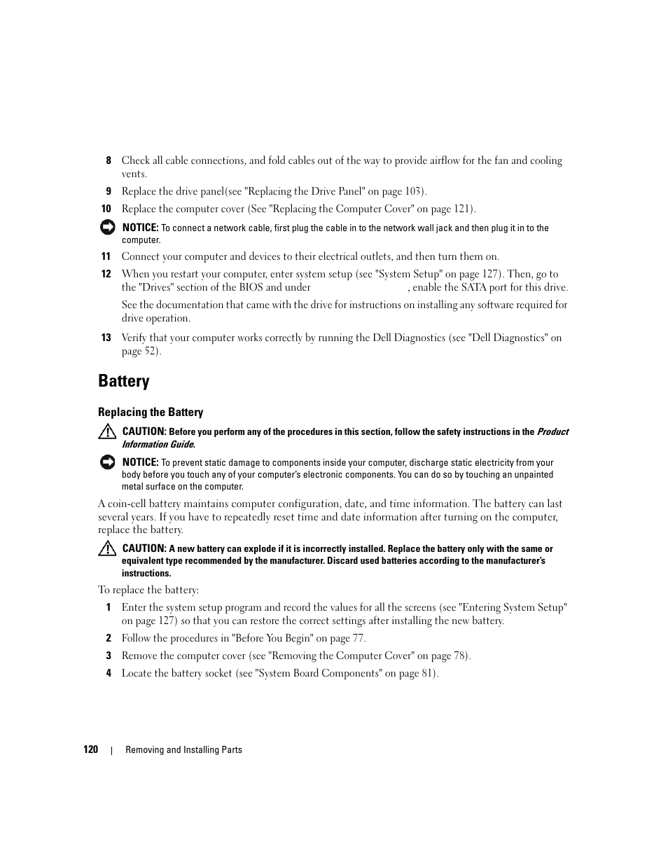 Battery, Replacing the battery | Dell XPS 410 (Mid 2007) User Manual | Page 120 / 172