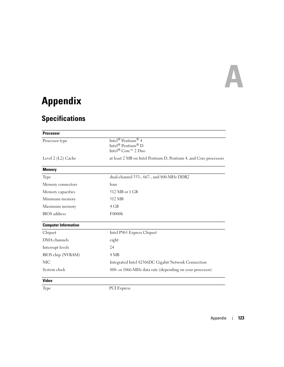 Appendix, Specifications | Dell XPS 410 (Mid 2007) User Manual | Page 123 / 172