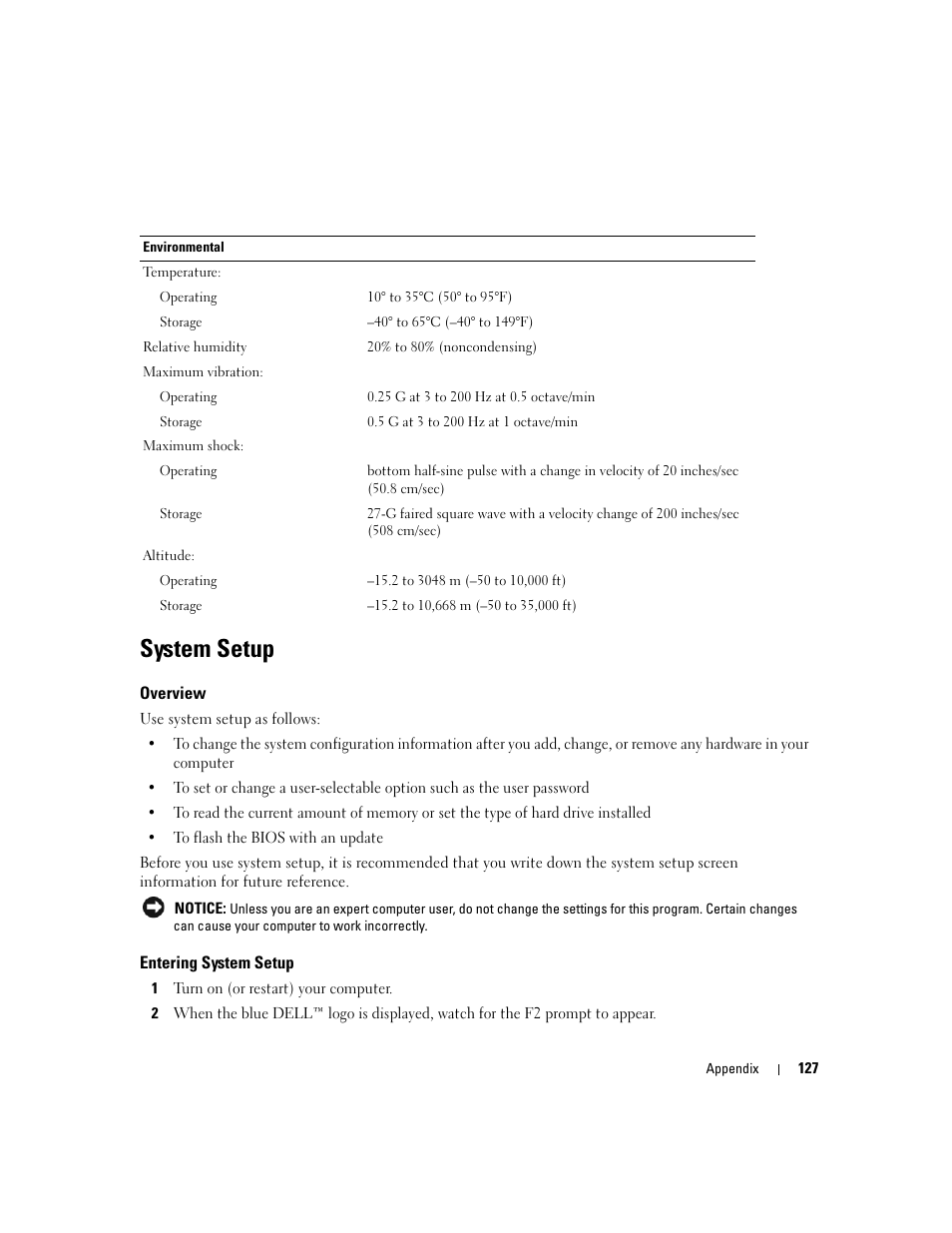 System setup, Overview, Entering system setup | Eens (see "entering system setup | Dell XPS 410 (Mid 2007) User Manual | Page 127 / 172