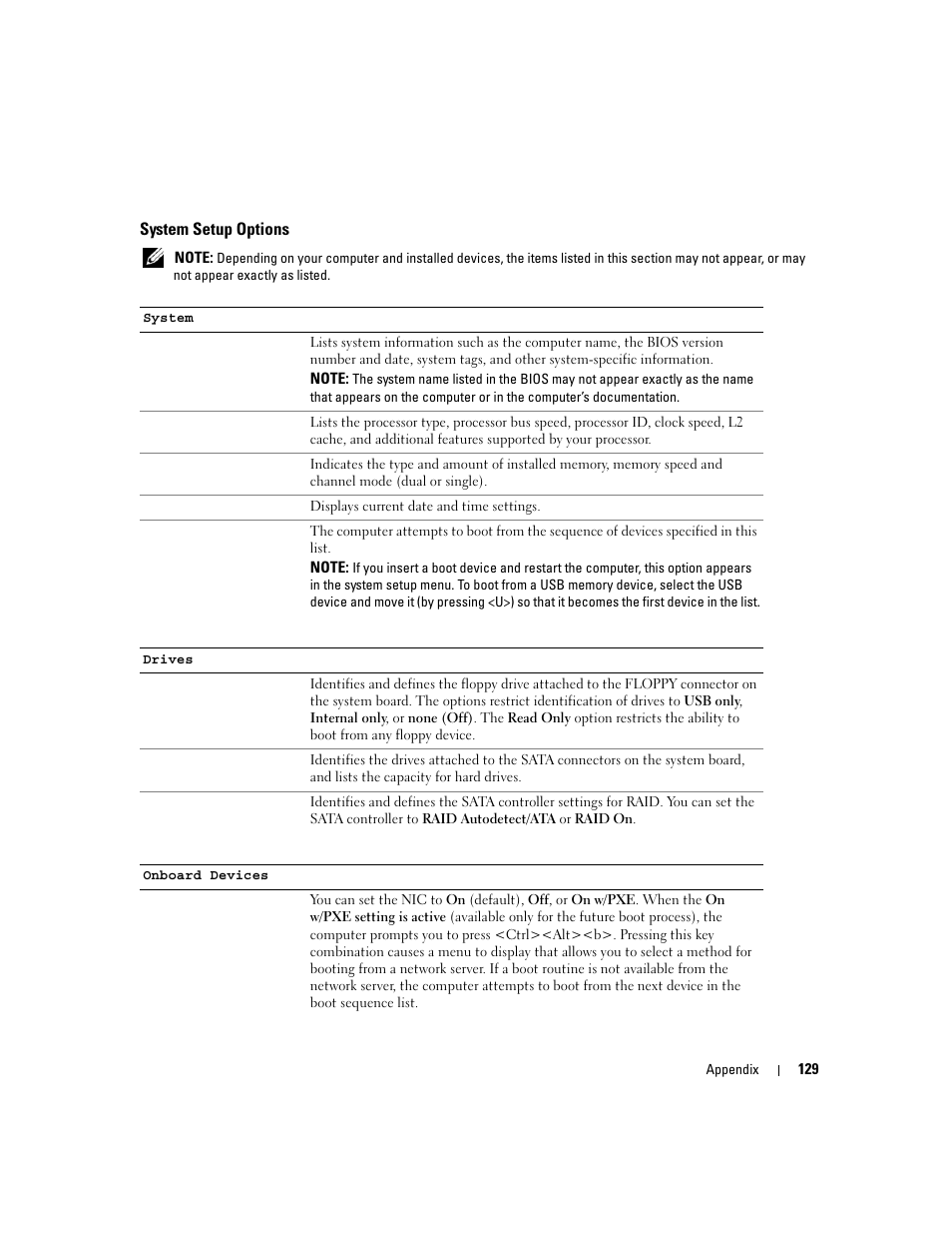 System setup options | Dell XPS 410 (Mid 2007) User Manual | Page 129 / 172