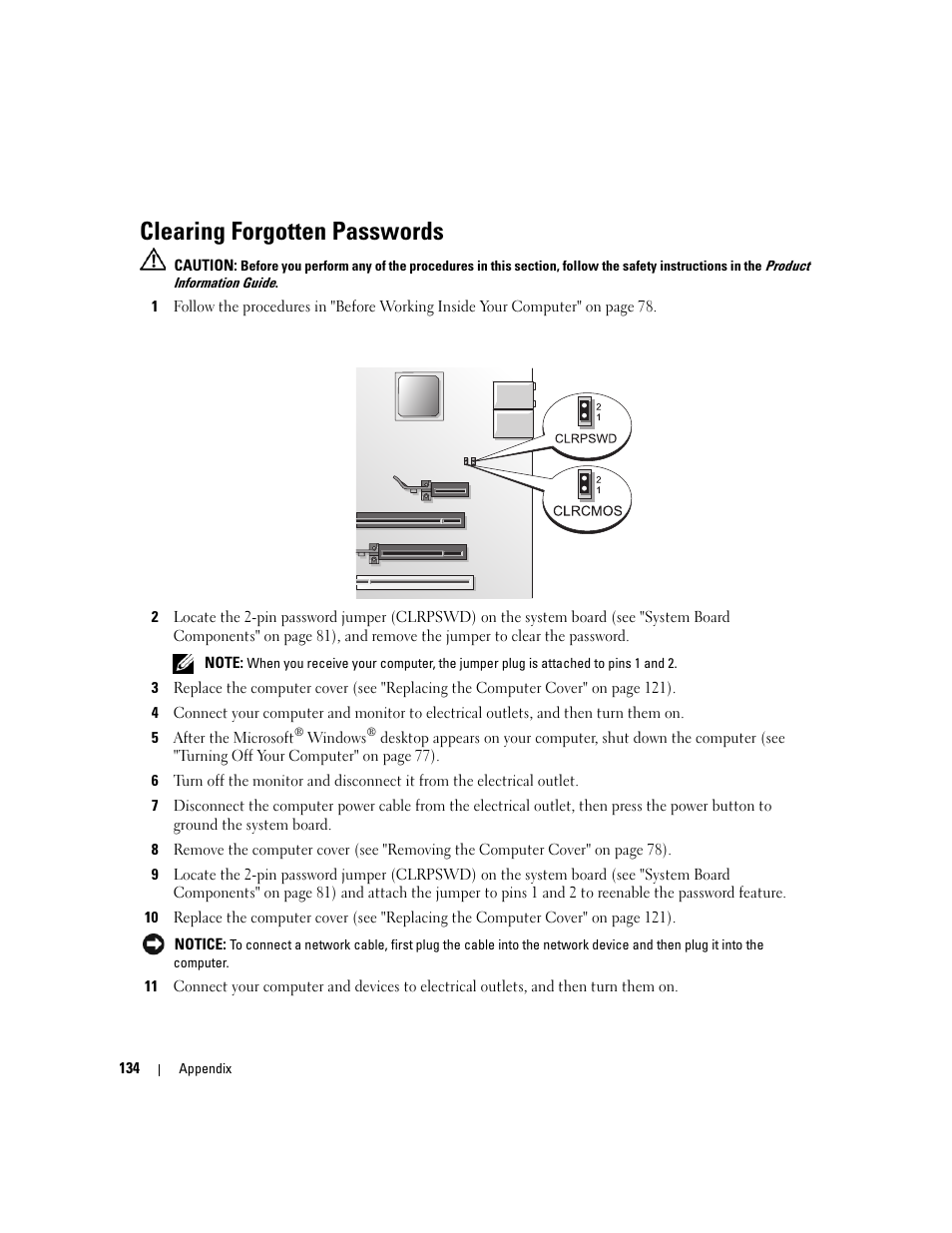Clearing forgotten passwords | Dell XPS 410 (Mid 2007) User Manual | Page 134 / 172
